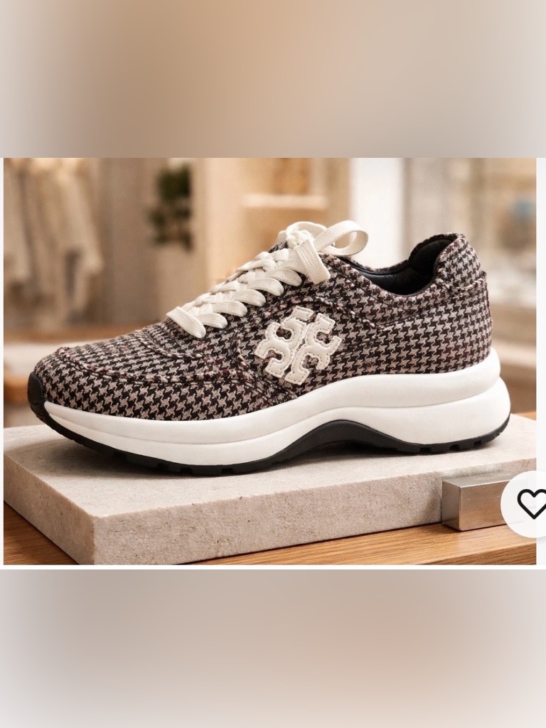 Tory Burch Trainer Scotts Houndstooth Sneaker In Cream / Black Multi Size 7 New